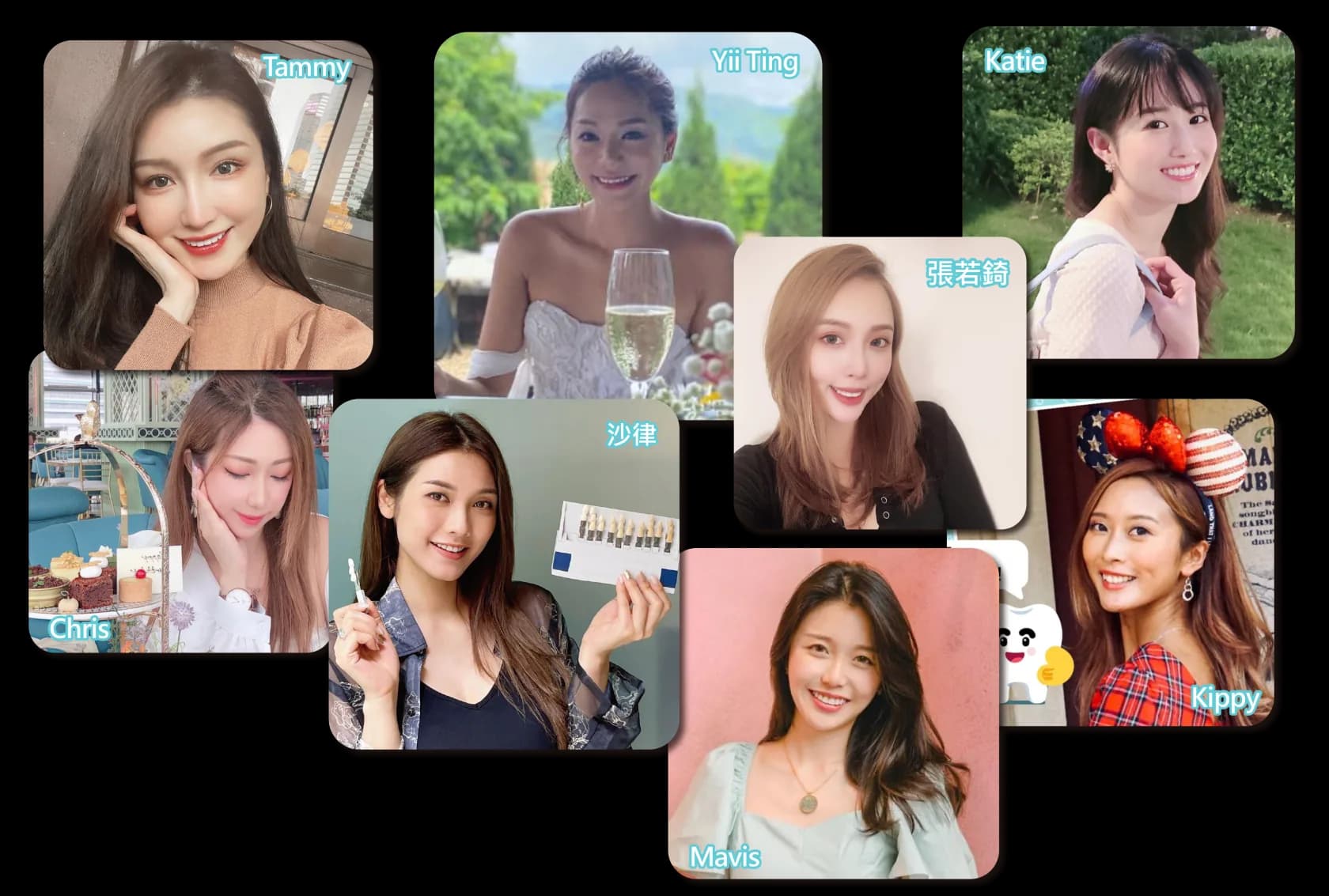 選用 Smile White 全瓷牙貼的 KOL 用家：Tammy、Yii Ting、Katie、張若錡、Chris、沙律、Mavis、Kippy